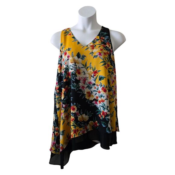NWT Zac & Rachel Yellow Black Floral Sleeveless Asymm Double-Layer Tunic Top XL - Picture 1 of 10